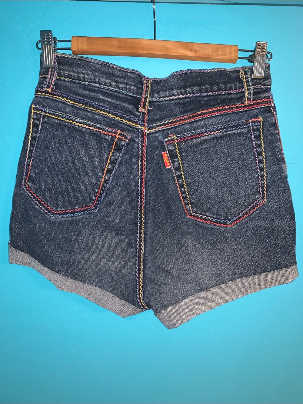 Rego High Waisted Denim Shorts with Rainbow Stitching